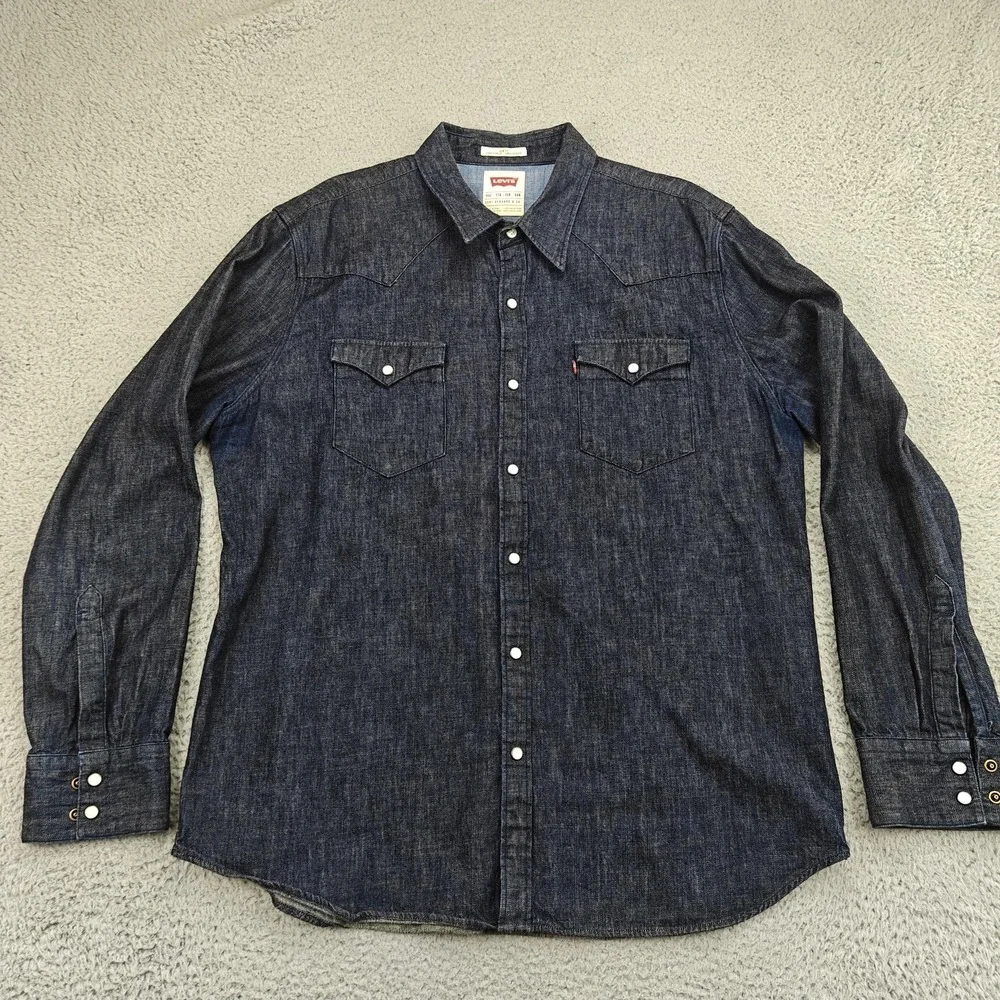 Levi's Western Shirt Mens 2XL Blue Denim Snap Button Long Sleeve Slim Fit Cowboy